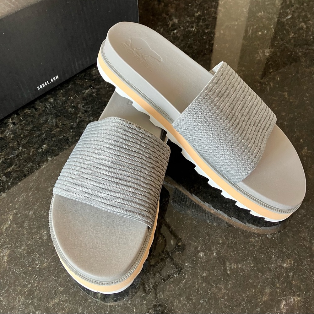 New Sorel Roaming Easy Slide Sandals, Casual Stretch Grey Slides, Athleisure